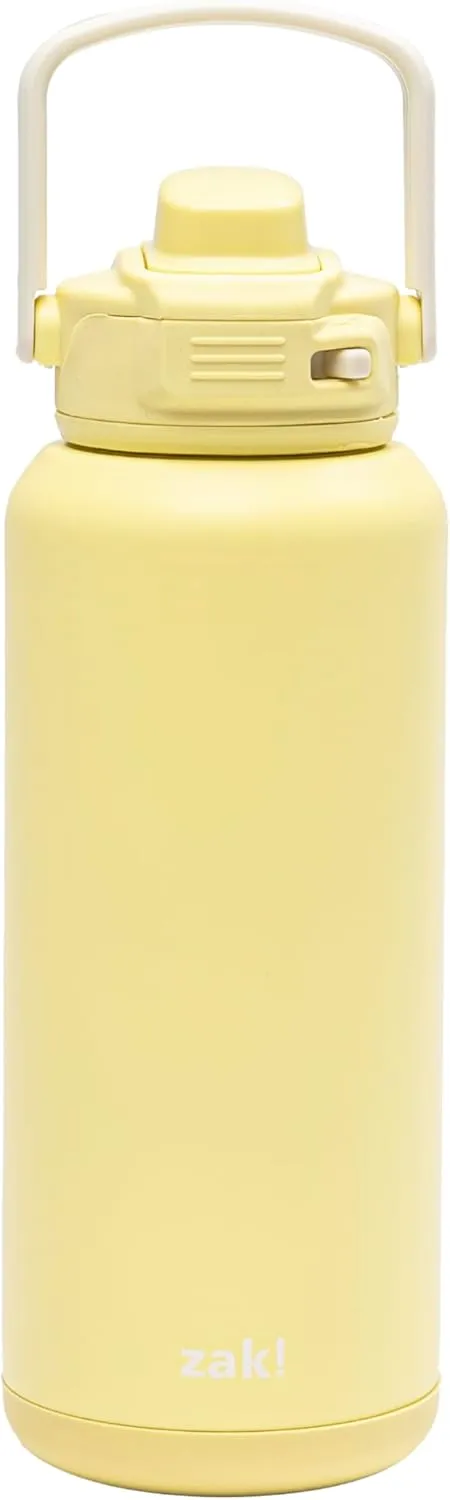 Zak Designs Beacon Straw Lid Water Bottle for Travel or At Home, 32oz Stainless Steel is Leak-Proof and Vacuum Insulated with Silicone Spout, Cover, Carry Handle, Protective Base (Vanilla Yellow)