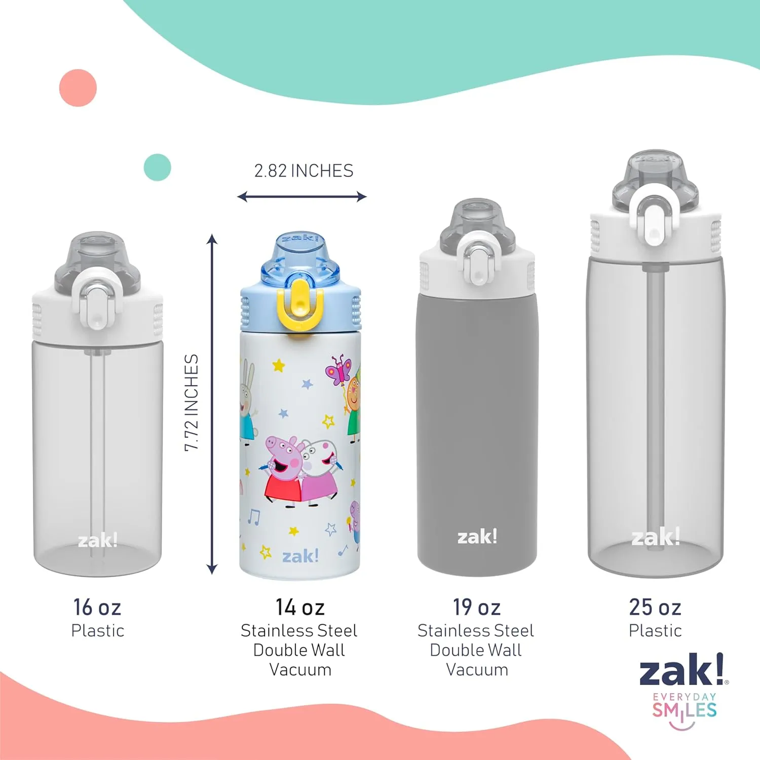 Zak Designs Peppa Pig Sage Kids Water Bottle For School or Travel, 14oz Stainless Steel Water Bottle With Straw, Handle, and Leak-Proof, Pop-Up Spout Cover (Peppa & Friends)