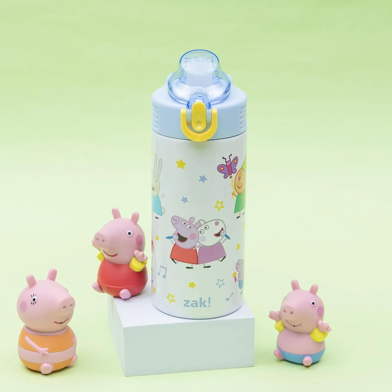 Zak Designs Peppa Pig Sage Kids Water Bottle For School or Travel, 14oz Stainless Steel Water Bottle With Straw, Handle, and Leak-Proof, Pop-Up Spout Cover (Peppa & Friends)