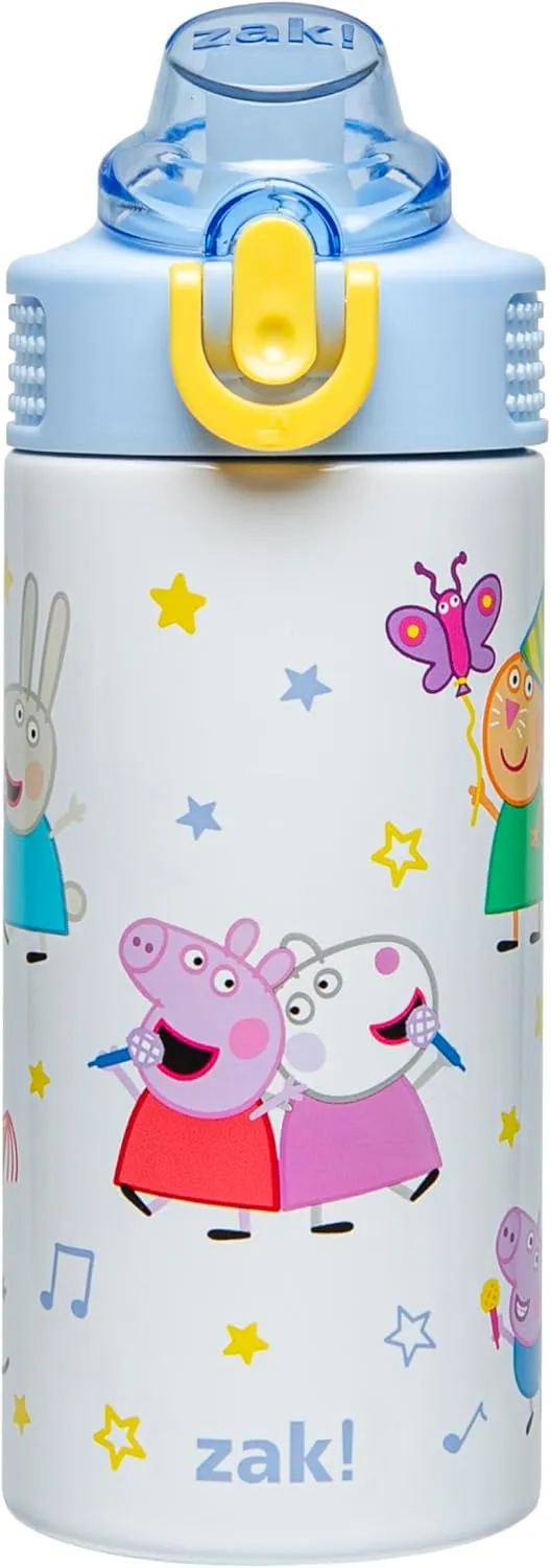 Zak Designs Peppa Pig Sage Kids Water Bottle For School or Travel, 14oz Stainless Steel Water Bottle With Straw, Handle, and Leak-Proof, Pop-Up Spout Cover (Peppa & Friends)