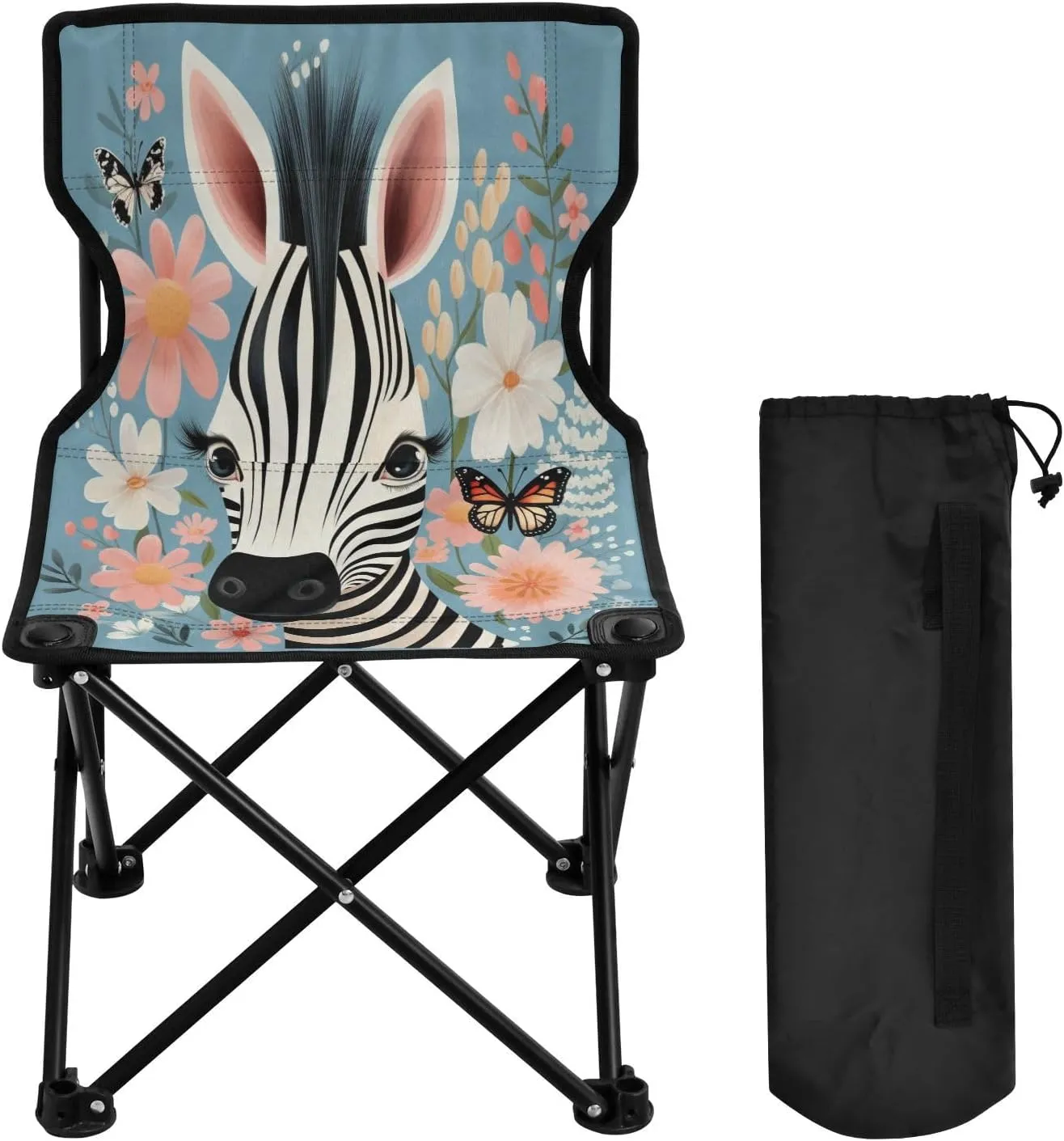 Zebra Cartoon Flower Portable Outdoor Folding Chair Anti-Slip Padded Oxford Cloth Stool Camping Chair Small for Beach Hiking Fishing Gardening Quad Camp Chair