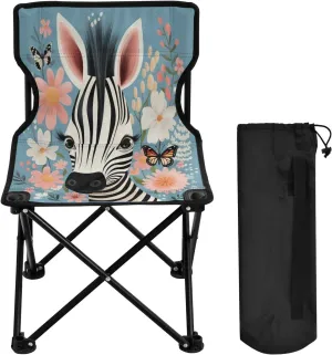Zebra Cartoon Flower Portable Outdoor Folding Chair Anti-Slip Padded Oxford Cloth Stool Camping Chair Small for Beach Hiking Fishing Gardening Quad Camp Chair