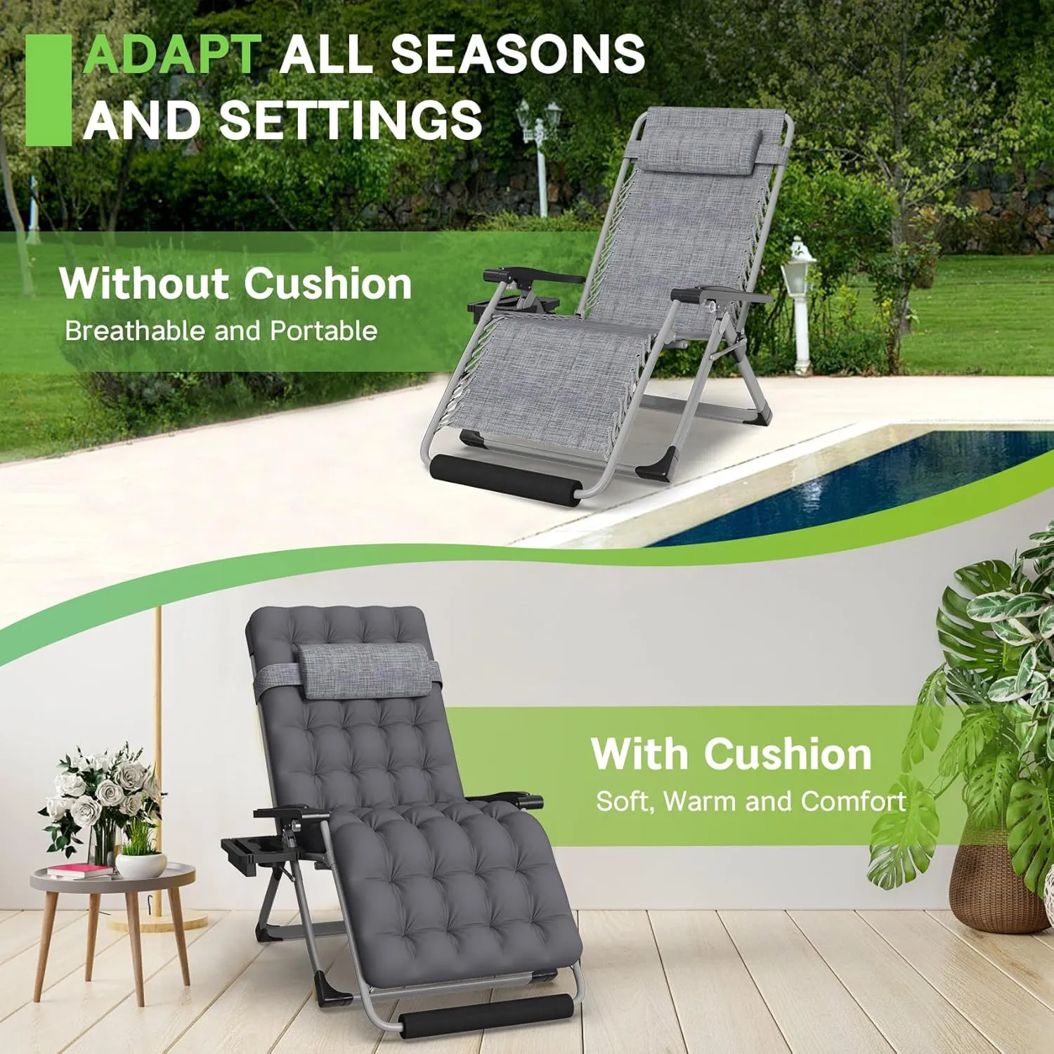ZENPETIO Oversized Zero Gravity Chair, 33In XXL Zero Gravity Recliner Lounge Chair, Anti Gravity Chair for Indoor and Outdoor, Reclining Camping Chair for Lawn and Patio w/Cushion and Footrest, 500LBS