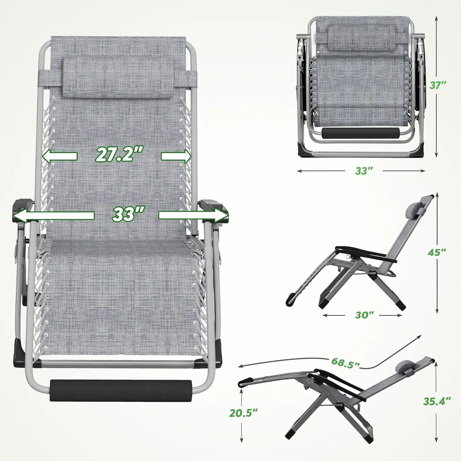 ZENPETIO Oversized Zero Gravity Chair, 33In XXL Zero Gravity Recliner Lounge Chair, Anti Gravity Chair for Indoor and Outdoor, Reclining Camping Chair for Lawn and Patio w/Cushion and Footrest, 500LBS