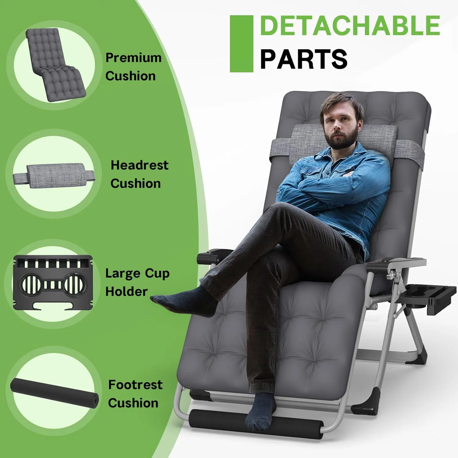 ZENPETIO Oversized Zero Gravity Chair, 33In XXL Zero Gravity Recliner Lounge Chair, Anti Gravity Chair for Indoor and Outdoor, Reclining Camping Chair for Lawn and Patio w/Cushion and Footrest, 500LBS