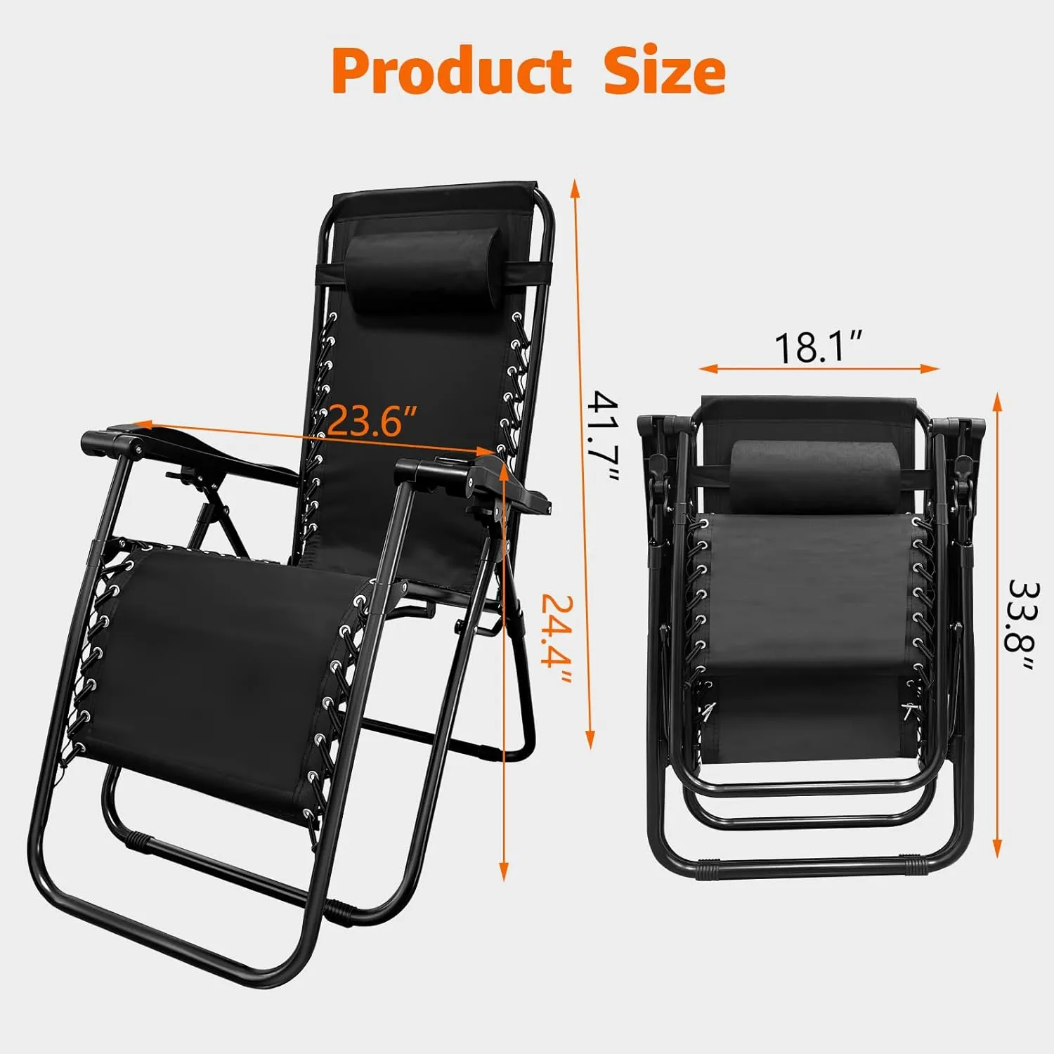 Zero Gravity Lounge Chair with Pillow - Outdoor Patio Folding Recliner, 26" Width, Adjustable, Steel Frame, Black - Ideal for Pool, Beach & Camping (23.6''W)