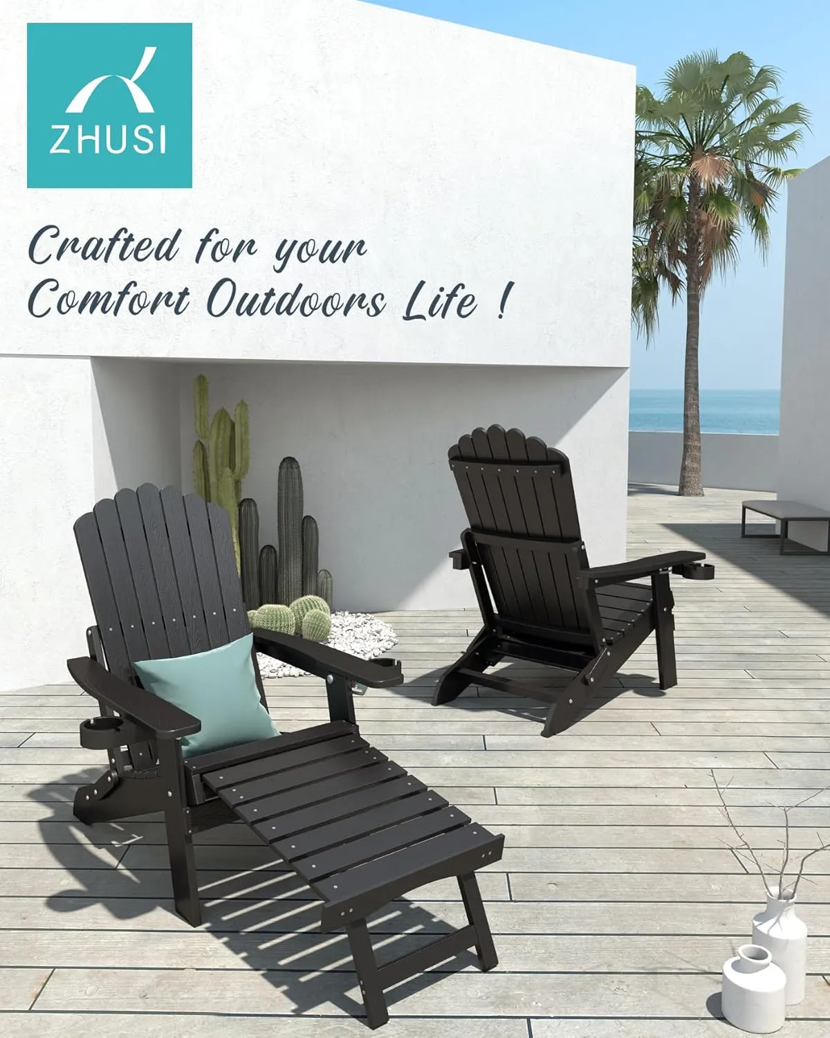 ZHUSI Folding Adirondack Chairs Set of 2 with Retractable Ottoman, Adjustable Adirondack Chair with 2 Cup Holders, Outdoor Chairs for Porch Patio Lawn Balcony Weather Resistant, Black