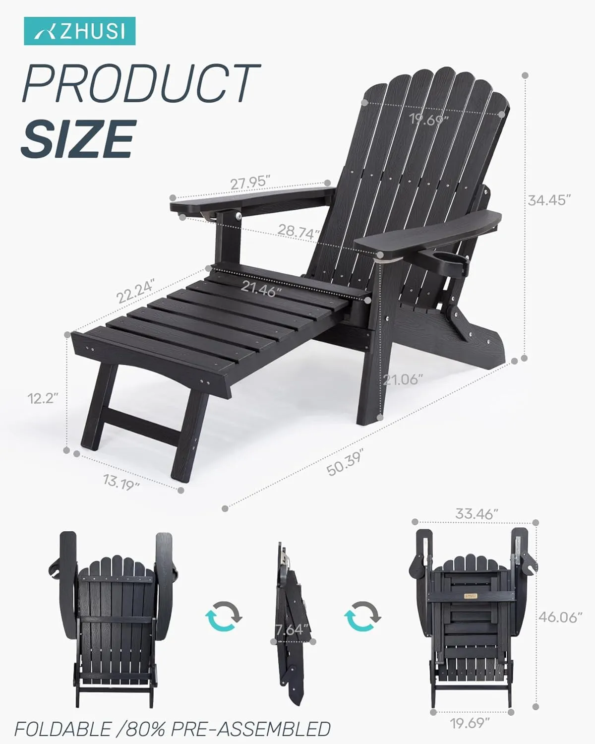 ZHUSI Folding Adirondack Chairs Set of 2 with Retractable Ottoman, Adjustable Adirondack Chair with 2 Cup Holders, Outdoor Chairs for Porch Patio Lawn Balcony Weather Resistant, Black