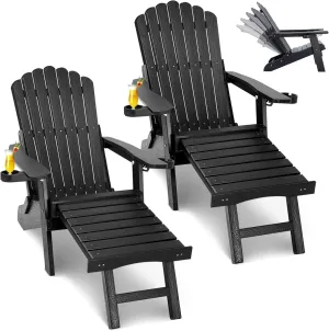 ZHUSI Folding Adirondack Chairs Set of 2 with Retractable Ottoman, Adjustable Adirondack Chair with 2 Cup Holders, Outdoor Chairs for Porch Patio Lawn Balcony Weather Resistant, Black