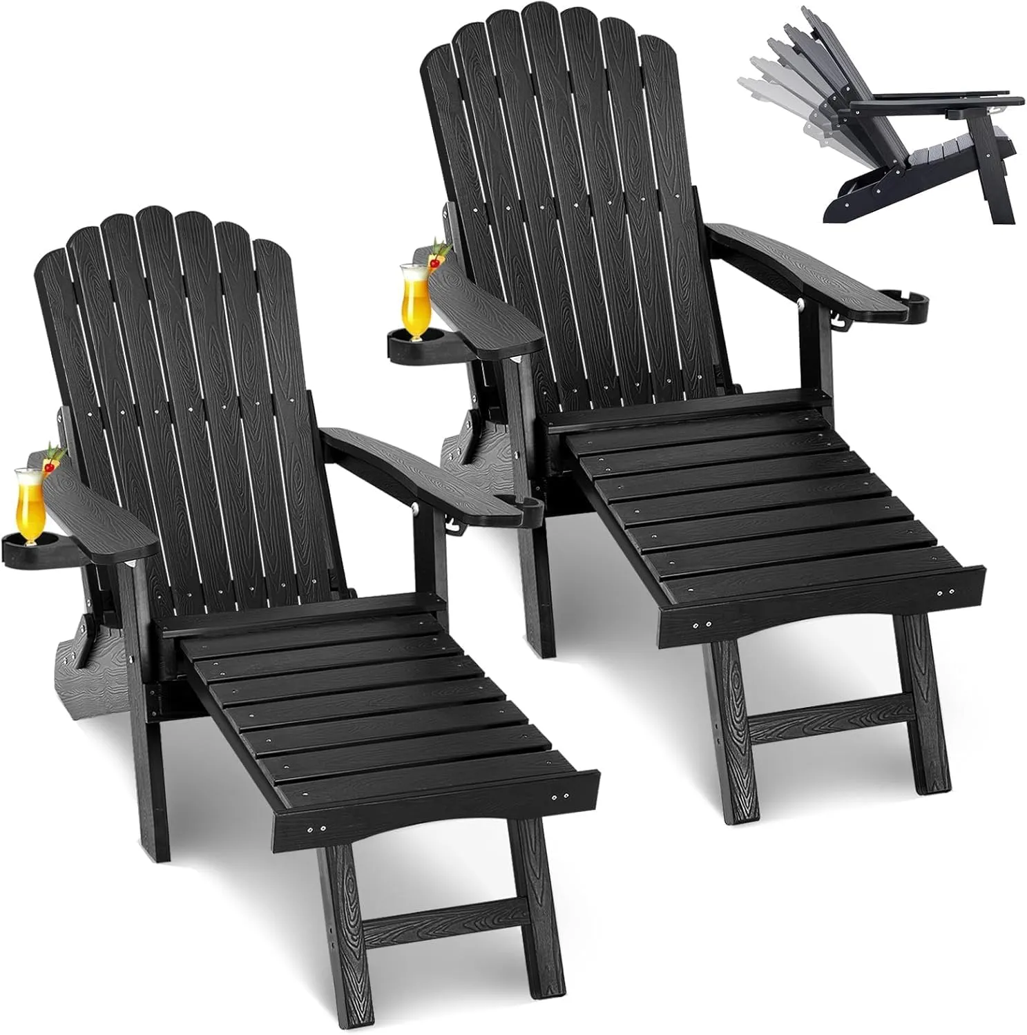 ZHUSI Folding Adirondack Chairs Set of 2 with Retractable Ottoman, Adjustable Adirondack Chair with 2 Cup Holders, Outdoor Chairs for Porch Patio Lawn Balcony Weather Resistant, Black