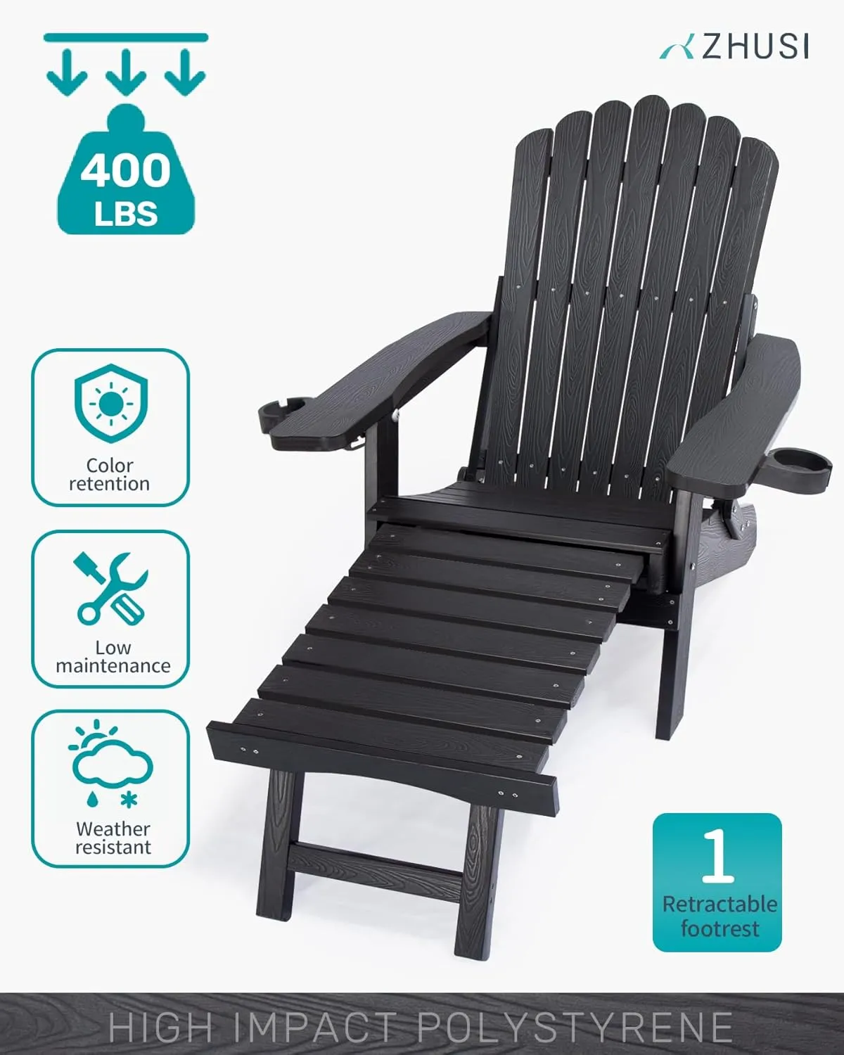 ZHUSI Folding Adirondack Chairs Set of 2 with Retractable Ottoman, Adjustable Adirondack Chair with 2 Cup Holders, Outdoor Chairs for Porch Patio Lawn Balcony Weather Resistant, Black