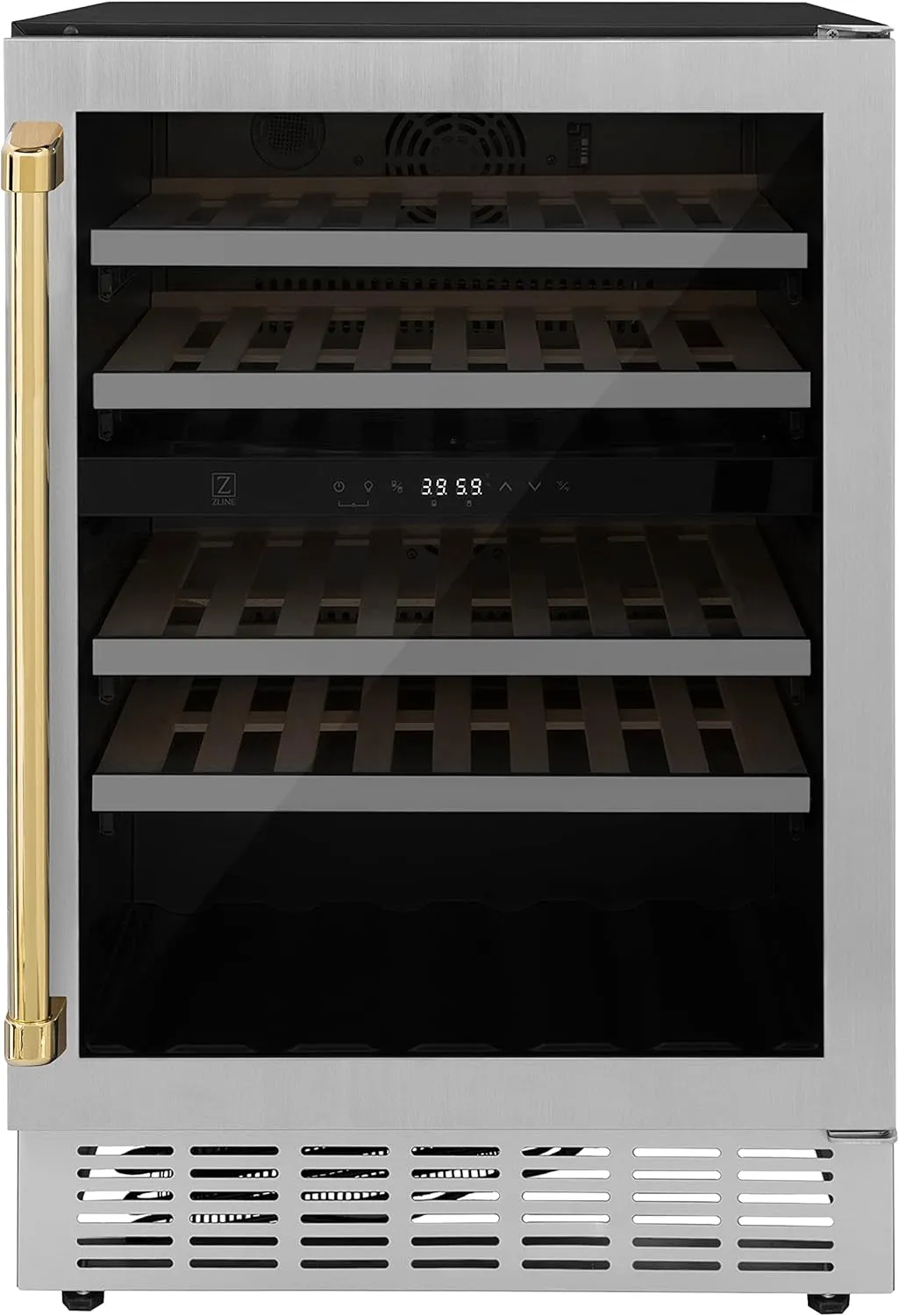 ZLINE 24" Monument Autograph Edition Dual Zone 44-Bottle Wine Cooler in Stainless Steel with Polished Gold Accents (RWVZ-UD-24-G)
