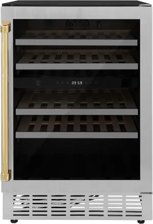 ZLINE 24" Monument Autograph Edition Dual Zone 44-Bottle Wine Cooler in Stainless Steel with Polished Gold Accents (RWVZ-UD-24-G)