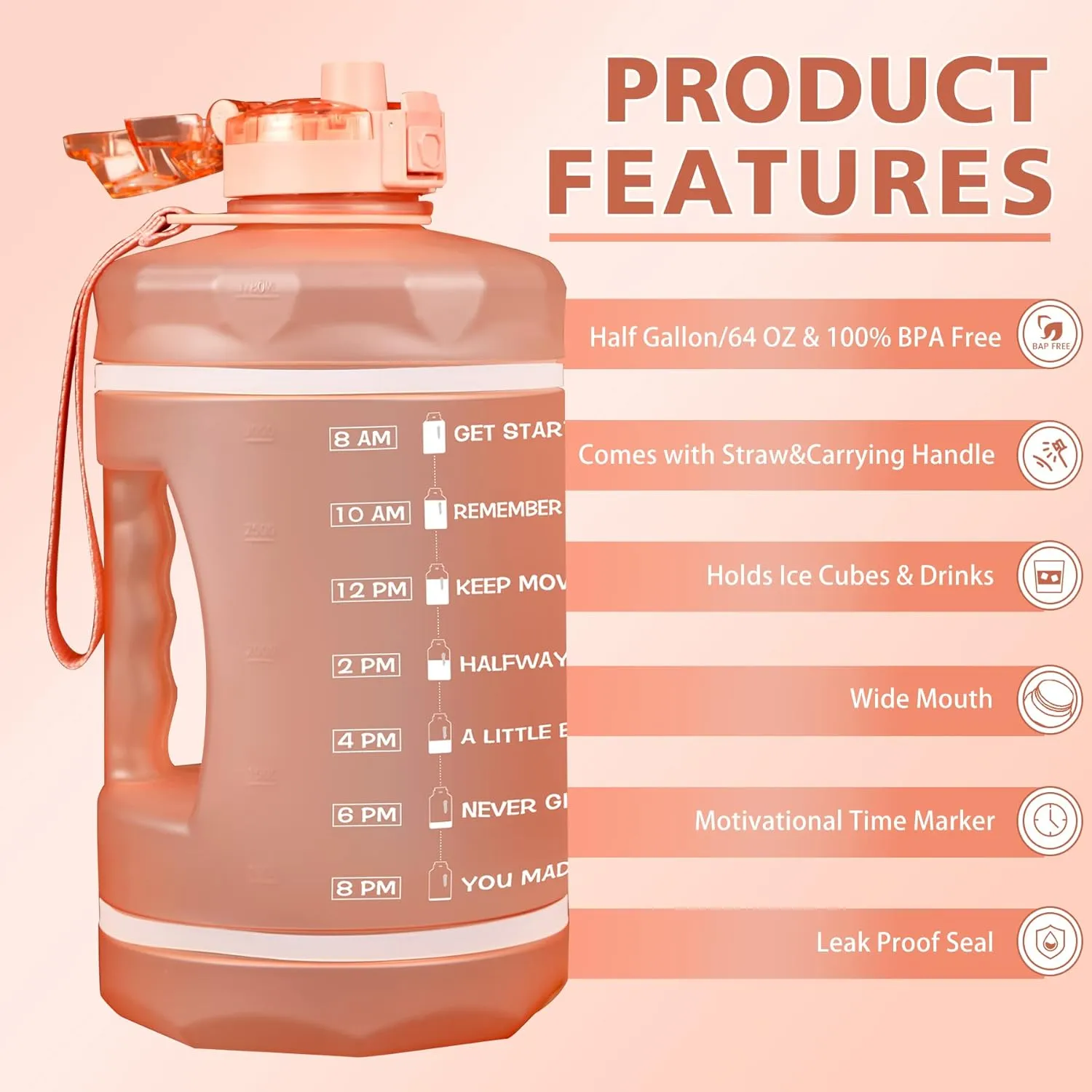 ZOMAKE Gallon Water Bottle with Straw & Time Marker - 64/128 oz Motivational Water Jug BPA Free Leakproof Large Water Bottle Ensure You Drink Enough Water Daily