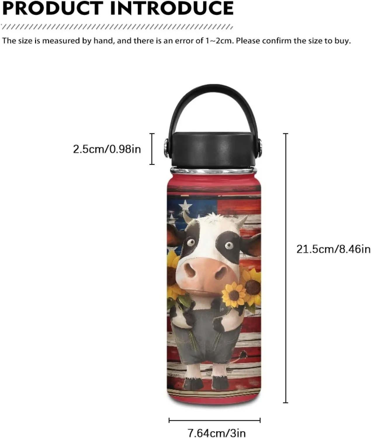 ZOUTAIRONG American Flag Insulated Water Bottle 18 oz for Girls Boys Cow Print Thermos with Handle Stainless Steel Metal Water Bottle for 4th of July
