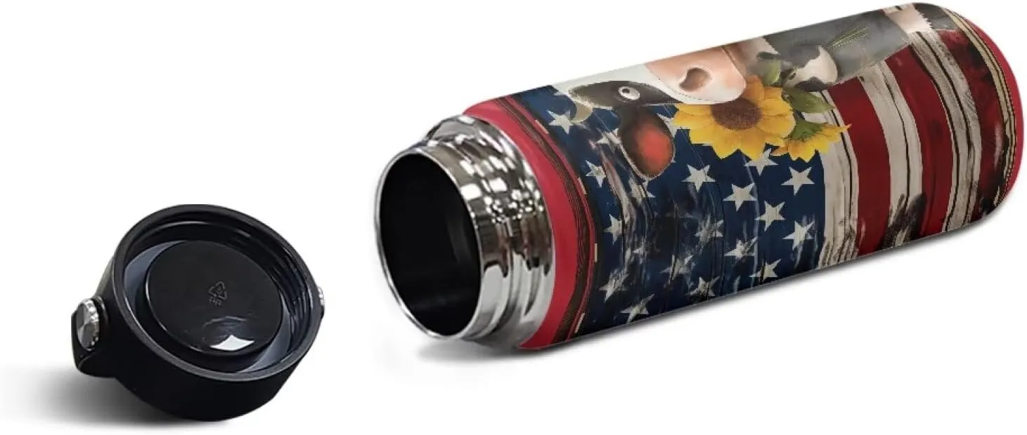 ZOUTAIRONG American Flag Insulated Water Bottle 18 oz for Girls Boys Cow Print Thermos with Handle Stainless Steel Metal Water Bottle for 4th of July