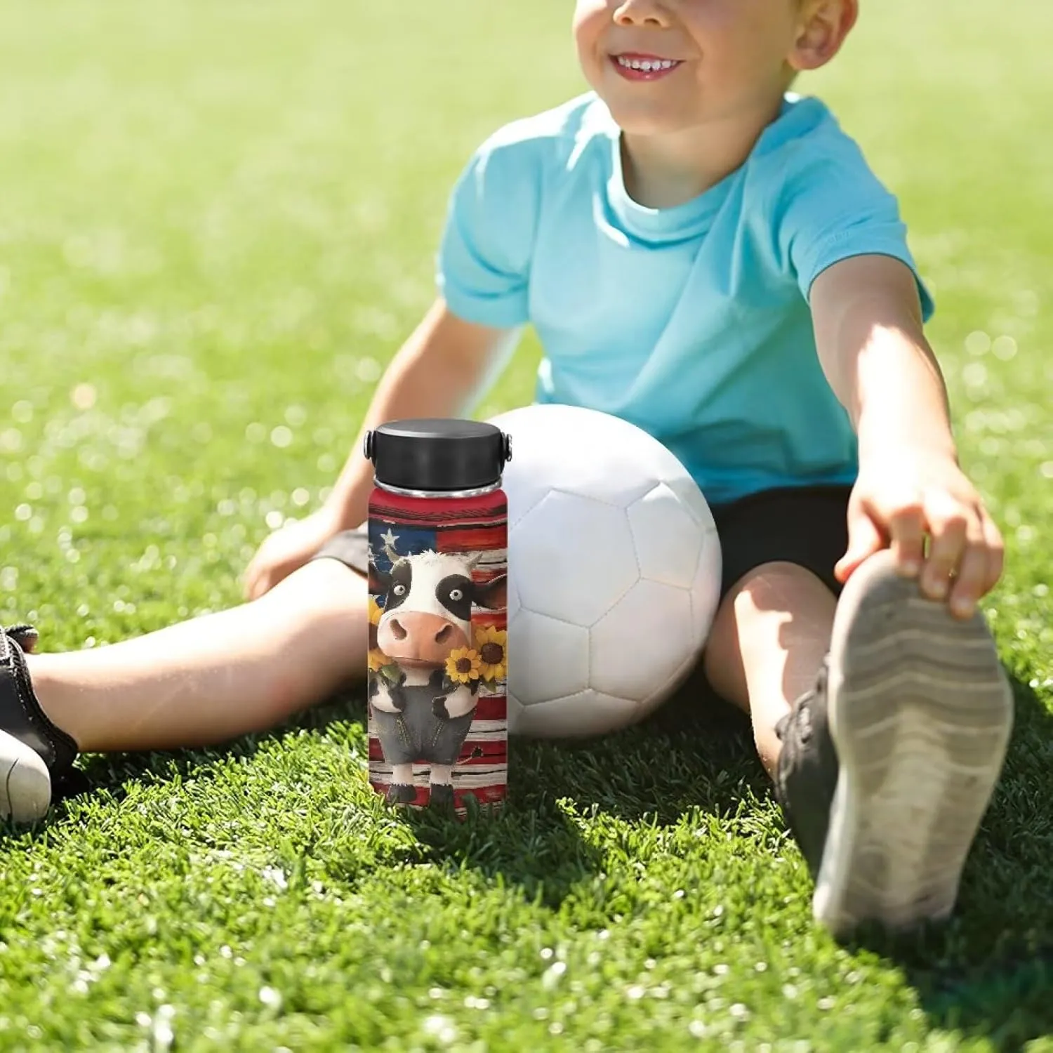 ZOUTAIRONG American Flag Insulated Water Bottle 18 oz for Girls Boys Cow Print Thermos with Handle Stainless Steel Metal Water Bottle for 4th of July
