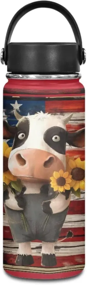 ZOUTAIRONG American Flag Insulated Water Bottle 18 oz for Girls Boys Cow Print Thermos with Handle Stainless Steel Metal Water Bottle for 4th of July