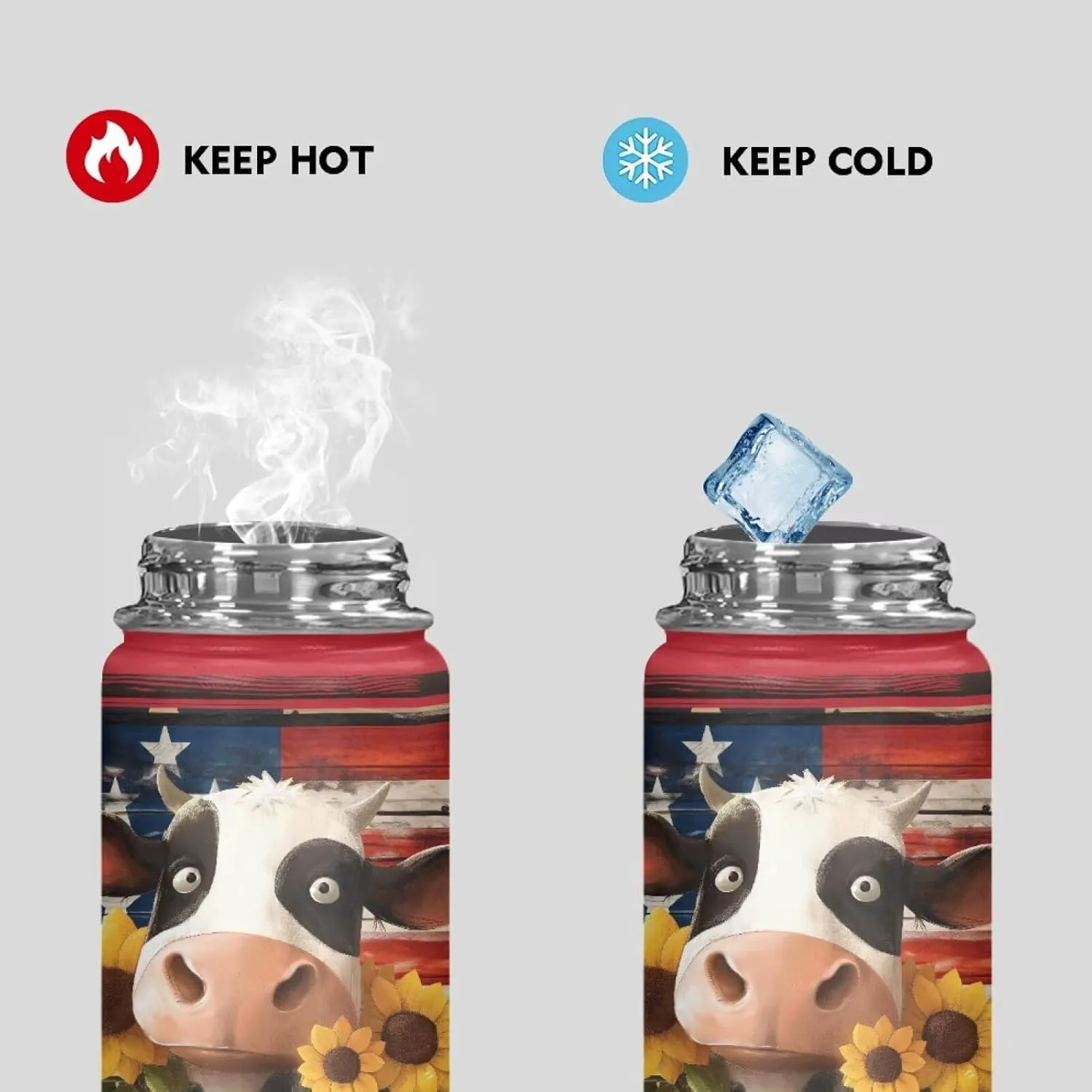 ZOUTAIRONG American Flag Insulated Water Bottle 18 oz for Girls Boys Cow Print Thermos with Handle Stainless Steel Metal Water Bottle for 4th of July