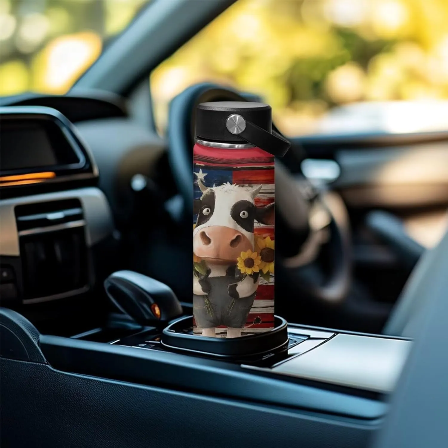 ZOUTAIRONG American Flag Insulated Water Bottle 18 oz for Girls Boys Cow Print Thermos with Handle Stainless Steel Metal Water Bottle for 4th of July