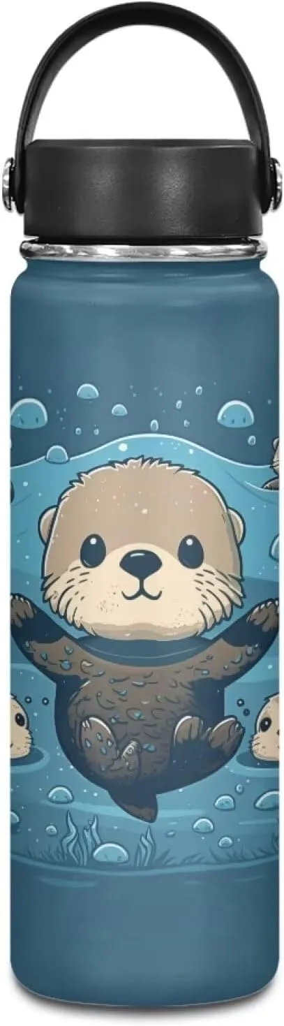 ZOUTAIRONG Cute Otter Insulated Water Bottle with Handle 18 oz Stainless Steel Sports Water Flask Cup Portable Handle Lid Hot and Cold Water Bottle Travel Canteen Mug