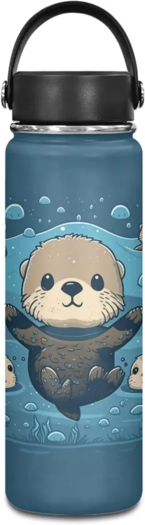 ZOUTAIRONG Cute Otter Insulated Water Bottle with Handle 18 oz Stainless Steel Sports Water Flask Cup Portable Handle Lid Hot and Cold Water Bottle Travel Canteen Mug