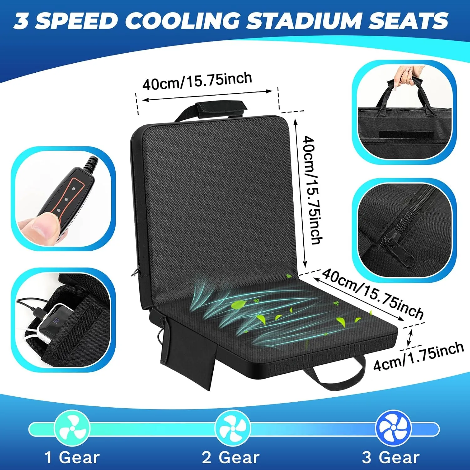 Zubebe 1 Pack Cooling Stadium Seats Camping Chair with Fan and USB 3 Level Adjustable, Cooling Seat for Bleachers with Back Support Foldable for Summer Outdoor Sport Event Camp Beach Fishing Portable